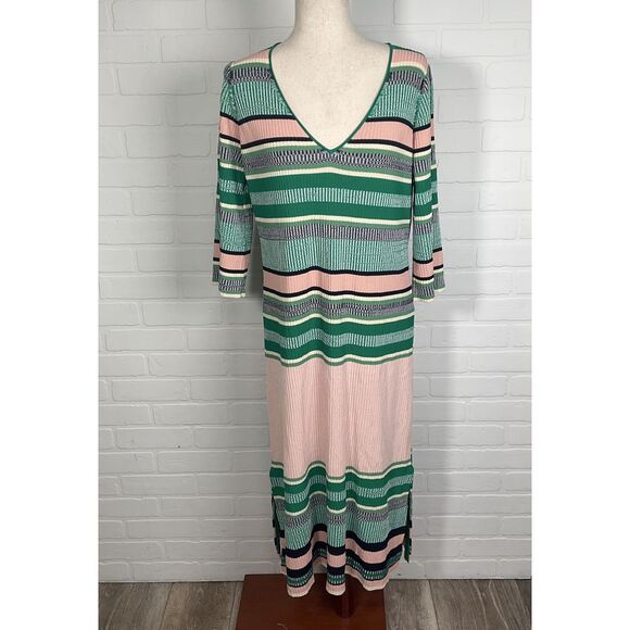 Tuckernuck Dress Women Small Pink Green Stripe‎ Knit Maxi Stretch Shift Casual - Picture 1 of 12